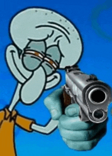 squidward from spongebob squarepants is holding a gun in his hand .