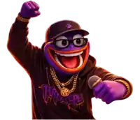 a cartoon character is wearing a purple hoodie that says purple steps