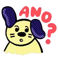 a yellow dog with purple ears and the word ano written in red