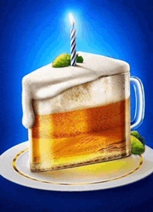 a piece of cake made out of a beer mug with a lit candle on top