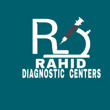 a logo for rahid diagnostic centers with a syringe and microscope on a blue background