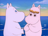 two pink cartoon characters standing next to each other in front of the ocean