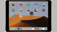 a tablet with a sand dune in the background and many apps on it