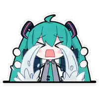 a sticker of hatsune miku crying with water coming out of her eyes