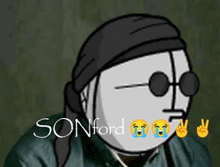 a cartoon drawing of a man with a bandana on his head and the name sonford written on the bottom