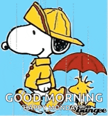 snoopy and woodstock are wearing raincoats and hats and holding an umbrella in the rain .