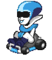 a pixel art of a person wearing sunglasses and a blue helmet riding a go kart