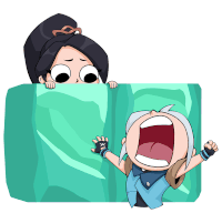 a cartoon of a woman peeking over a green box and a boy screaming with his mouth open