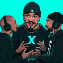 a man wearing a beanie with the letter x on it is surrounded by two other men