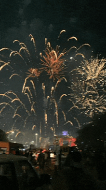 fireworks are displayed in the night sky above a crowd of people