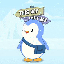 a penguin is standing under a sign that says this way