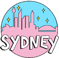 a pink and blue logo for sydney with a skyline in the background