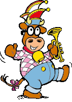 a cartoon cow wearing a clown hat and glasses holds a trumpet