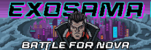 a pixel art of a man with the words exosama battle for nova