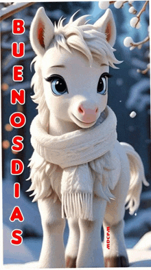 a white horse with a scarf around its neck says buenos dias on the bottom