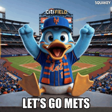 a mets mascot says let 's go mets in front of a citi field