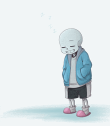 a drawing of a skeleton wearing a blue jacket and shorts