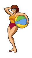 a woman in a bathing suit holding a beach ball