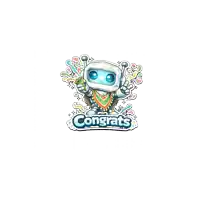 a congratulations sticker with a robot in a shell