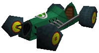 a 3d model of a green racing car with black tires