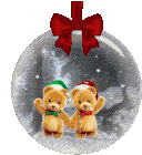 two teddy bears wearing santa hats are in a snow globe