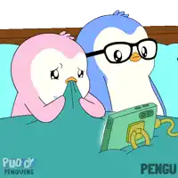 a cartoon of two penguins sitting next to each other with the words pudgy penguins on the bottom