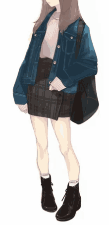 a drawing of a girl wearing a plaid skirt and a denim jacket