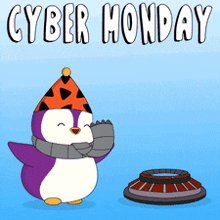 a penguin wearing a party hat and scarf is standing in front of a button that says cyber monday