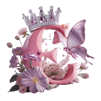 a pink letter e with a crown and a butterfly on it