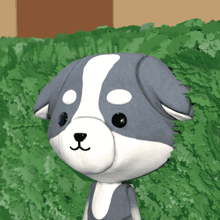 a stuffed dog with white spots on its face stands in front of a green hedge