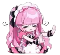 a cartoon girl with pink hair and a maid outfit is making a stop sign .