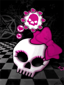 a skull with a pink bow and hearts surrounding it