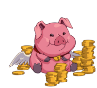 a cartoon pig with wings is sitting on a pile of gold coins