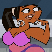 a cartoon woman in a pink bra is flexing her arm