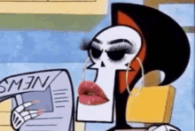 a cartoon character is reading a newspaper with a skeleton face .