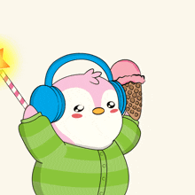 a penguin wearing headphones is holding a cone of cotton candy