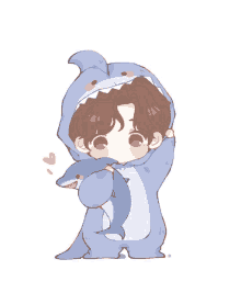 a drawing of a boy in a shark costume holding a shark