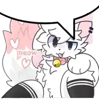 a cartoon drawing of a white cat with a bell around its neck and a speech bubble that says meow .