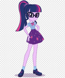 twilight sparkle from my little pony equestria girls is wearing glasses and a purple skirt