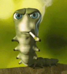 a caterpillar with blue eyes is smoking a cigarette