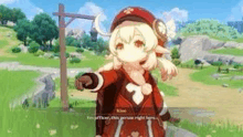 a girl in a red jacket is standing in a field in a video game .