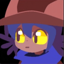 a cartoon character with blue hair and yellow eyes wearing a hat and scarf .