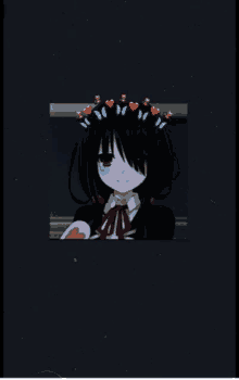 a girl with red eyes and a crown of hearts on her head