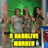 a group of people are standing in front of a sign that says habblive morreu