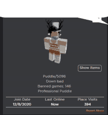 a screenshot of a roblox character named puddle / 5098