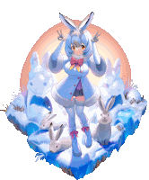 a girl with bunny ears is standing in the snow