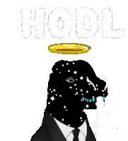 a cartoon of a dog in a suit and tie with a halo on his head and the word hodl written above him .