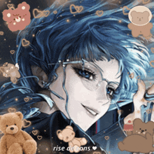 a girl with blue hair and glasses is surrounded by teddy bears and hearts and the words rise de cons