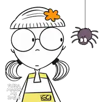 a girl with glasses and a flower on her head looks at a spider that is hanging from a web