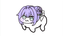 a cartoon of a girl with pink hair and purple eyes looking down .